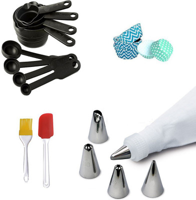 

Agromech 8 pc measuring spoon , Silicone Spatula and Brush , Paper Muffin pack of 100 , Silicone Icing Bag with 6 pc Nozzle set 8 pc Measuring Spoon , 100 pack Muffin Mould , Icing Bag with 6 pc Nozzle set , Silicone Pastry Brush and Spatula Multicolor Ki