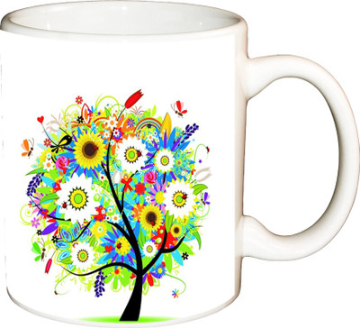 

ShopBuzz Tree Flowers Printed Coffee Ceramic Mug(350 ml), Multicolor