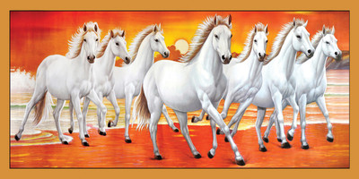 

"vastu poster" white 7 horse running banner poster(36 x 24 inch) Paper Print(18 inch X 36 inch)
