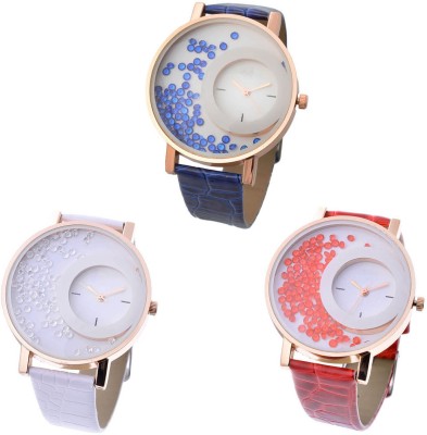 keepkart Blue White And Red Movable Diamond Leather Strap Combo For Women And Girls Watch  - For Girls   Watches  (Keepkart)
