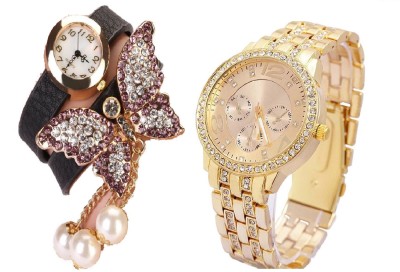 SOOMS BLACK BRACELET BEAUTIFUL BUTTERFLY PENDENT WITH Rhinestone Studded Analog gold Dial GENEVA SERIES artificial chronograph LADIES PARTY WEAR Watch  - For Women   Watches  (Sooms)