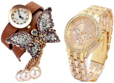 COSMIC brown bracelet beautiful butterfly pendent with Rhinestone Studded Analog gold Dial GENEVA SERIES artificial chronograph ladies party wear Watch  - For Women   Watches  (COSMIC)