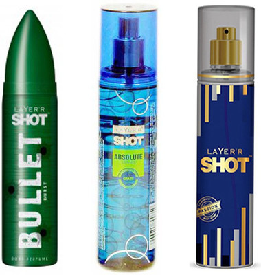 

LAYERR SHOT PASSION FRAGRANT BODY SPRAY + SHOT ABSOLUTE SERIES CRAZE FRAGRANT BODY SPRAY + SHOT BULLET BURST BODY PERFUME Body Spray - For Men(135 ml, Pack of 3)