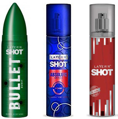 

LAYERR SHOT RED STALLION FRAGRANT BODY SPRAY + SHOT ABSOLUTE SERIES CRAZE FRAGRANT BODY SPRAY + SHOT BULLET RELOAD BODY PERFUME Body Spray - For Men(135 ml, Pack of 3)