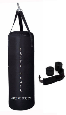 

FACTO POWER ONLINE SERIES 5.5 FEET LONG, SRF MATERIAL, BLACK COLOR, UNFILLED WITH HANGING STRAPS, 9 FEET LONG BLACK COLOR HAND WRAPS Boxing Kit