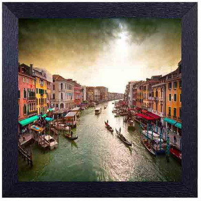 

houses on seashore with boats and sunset Photographic Paper(14 inch X 14 inch, Framed)