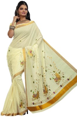 RSV FABRICS Embroidered Kasavu Cotton Blend Saree(White)