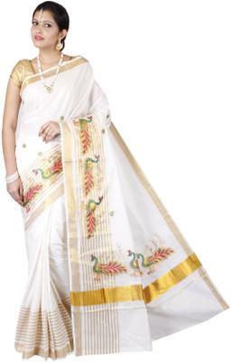 RSV FABRICS Animal Print Kasavu Cotton Blend Saree(White)