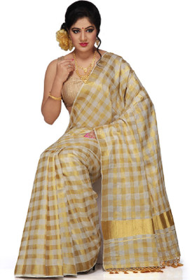 RSV FABRICS Checkered Kasavu Cotton Blend Saree(Gold, Beige)