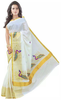 RSV FABRICS Embroidered Kasavu Cotton Blend Saree(White)