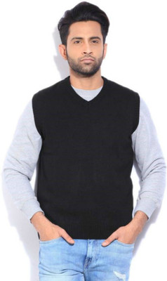 Super Weston Solid V Neck Casual Men Black Sweater