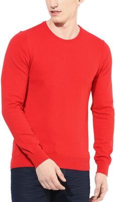 Super Weston Solid Round Neck Casual Men Red Sweater