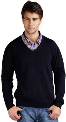 Super Weston Solid V Neck Casual Men Black Sweater