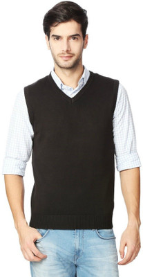 Super Weston Solid V Neck Casual Men Black Sweater