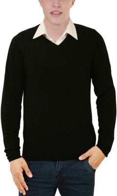 Super Weston Solid V Neck Men Black Sweater