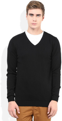 Super Weston Solid V Neck Casual Men Black Sweater
