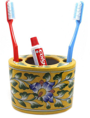 

India Meets India Blue Pottery Art Decorated Handmade Ceramic ToothBrush Holder Stand, ToothPaste Holder Stand, Desk Stationery Organizer Pen and Pencil Holder Stand - Yellow Ceramic Toothbrush Holder(Yellow, Wall Mount)