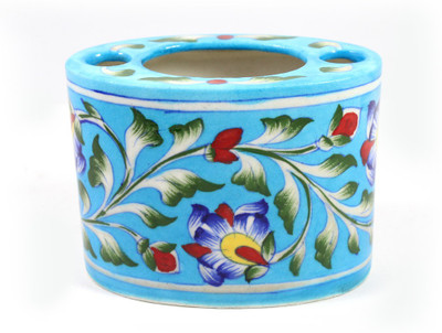 

India Meets India Blue Pottery Art Decorated Handmade Ceramic ToothBrush Holder Stand, ToothPaste Holder Stand, Desk Stationery Organizer Pen and Pencil Holder Stand - Sky Blue Ceramic Toothbrush Holder(Blue, Wall Mount)
