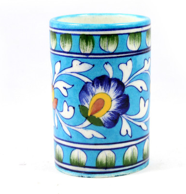 

India Meets India Blue Pottery Art Decorated Handmade Ceramic ToothBrush Holder Stand, ToothPaste Holder Stand, Desk Stationery Organizer Pen and Pencil Holder Stand - Sky Blue Ceramic Toothbrush Holder(Blue, Wall Mount)