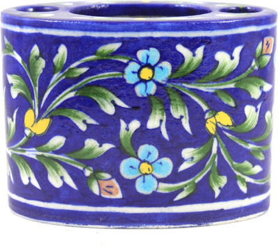 

India Meets India Blue Pottery Art Decorated Handmade Ceramic ToothBrush Holder Stand, ToothPaste Holder Stand, Desk Stationery Organizer Pen and Pencil Holder Stand - Dark Blue Ceramic Toothbrush Holder(Blue, Wall Mount)
