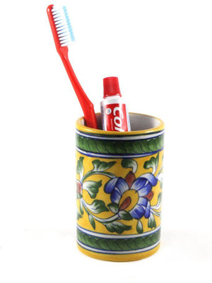 

India Meets India Blue Pottery Art Decorated Handmade Ceramic ToothBrush Holder Stand, ToothPaste Holder Stand, Desk Stationery Organizer Pen and Pencil Holder Stand - Yellow Ceramic Toothbrush Holder(Yellow, Wall Mount)