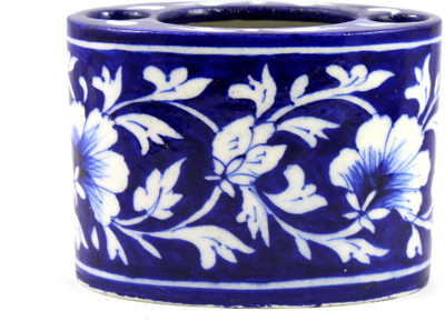 

India Meets India Blue Pottery Art Decorated Handmade Ceramic ToothBrush Holder Stand, ToothPaste Holder Stand, Desk Stationery Organizer Pen and Pencil Holder Stand - Blue Ceramic Toothbrush Holder(Blue, Wall Mount)