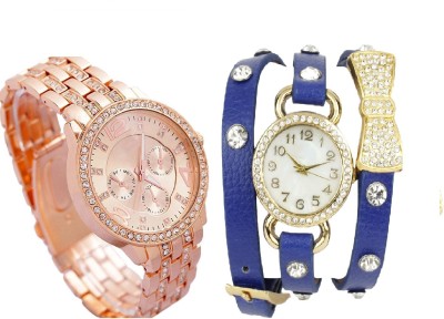 COSMIC BEAUTIFUL BLUE BO -TIE DIAMOND STUDDED BRACELET WITH Rhinestone Studded ROSE GOLD DIAL artificial chronograph ladies party wear Watch  - For Women   Watches  (COSMIC)