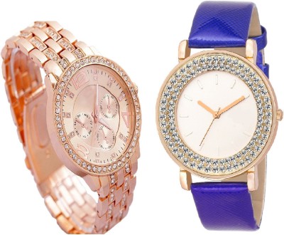 COSMIC Rhinestone Studded Analog rose gold Dial artificial chronograph with DIAMOND STUDDED AND GLAMOROUS DIVA blue strap ladies party wear Watch  - For Women   Watches  (COSMIC)
