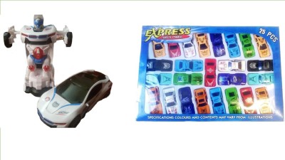 

P17 collection Combo of Deform robot battery operated racing car with music and 25 piecs cars set of kids(Multicolor)