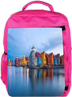 

Snoogg Eco Friendly Canvas Colorful Houses By The Lake World Designer Backpack Rucksack School Travel Unisex Casual Canvas Bag Bookbag Satchel 5 L Backpack(Pink)