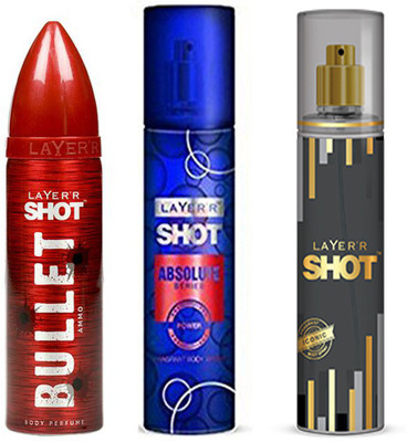 

LAYERR SHOT ICONIC FRAGRANT BODY SPRAY + SHOT ABSOLUTE SERIES POWER FRAGRANT BODY SPRAY + SHOT BULLET AMMO BODY PERFUME Body Spray - For Men(135 ml, Pack of 3)