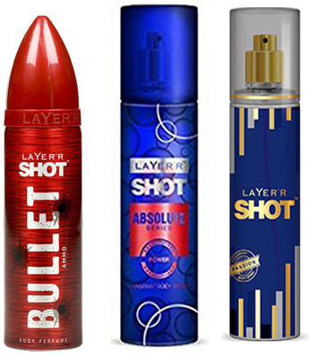 

LAYERR SHOT PASSION FRAGRANT BODY + SHOT ABSOLUTE SERIES POWER FRAGRANT BODY SPRAY + SHOT BULLET AMMO BODY PERFUME Body Spray - For Men(135 ml, Pack of 3)