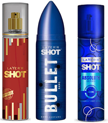 

LAYERR SHOT IMPERIAL FRAGRANT BODY SPRAY + SHOT ABSOLUTE SERIES GAME FRAGRANT BODY SPRAY + SHOT BULLET BANG BODY PERFUME Body Spray - For Men(135 ml, Pack of 3)
