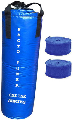 

FACTO POWER ONLINE SERIES 6.5 FEET LONG, PU MATERIAL, BLACK COLOR, UNFILLED WITH HANGING STRAPS, 9 FEET LONG BLUE COLOR HAND WRAPS Boxing Kit