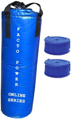 

FACTO POWER ONLINE SERIES 5.5 FEET LONG, PU MATERIAL, BLACK COLOR, UNFILLED WITH HANGING STRAPS, 9 FEET LONG BLUE COLOR HAND WRAPS Boxing Kit