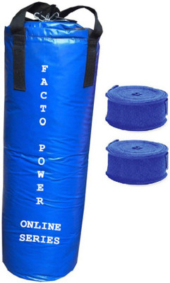 

FACTO POWER ONLINE SERIES 2.5 FEET LONG, PU MATERIAL, BLACK COLOR, UNFILLED WITH HANGING STRAPS, 9 FEET LONG BLUE COLOR HAND WRAPS Boxing Kit
