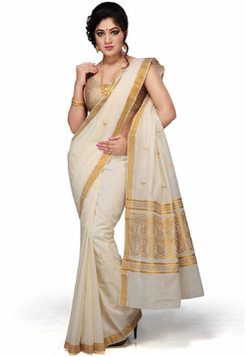 RSV FABRICS Self Design Kasavu Cotton Blend Saree(White)
