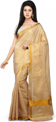RSV FABRICS Printed, Checkered Kasavu Cotton Blend Saree(Beige)