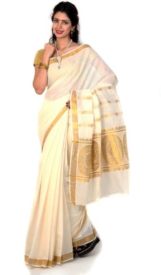 RSV FABRICS Self Design Kasavu Cotton Blend Saree(Cream)