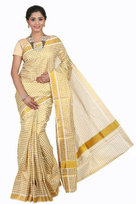 RSV FABRICS Checkered Kasavu Cotton Blend Saree(Yellow)