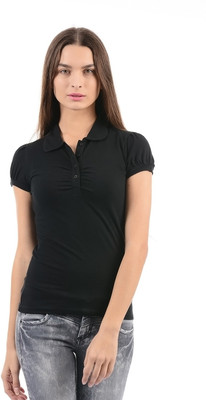 

Flying Machine Solid Women' Polo Neck Black T-Shirt
