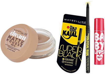 

Maybelline Dream Mousse Foundation, Cherry Kiss Lip Balm & Super Black Kajal(Set of 3)