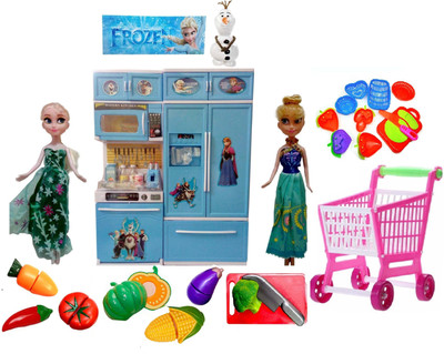 

HALO NATION Frozen Dolls Modern Kitchen Set - With Frozen Dolls Elsa & Anna + Fruit Shopping Cart + Slice-able Vegetables Cutting Kit + Luxurious Kitchen(Blue, Pink)
