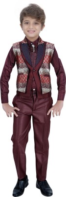 Aceline Boys Festive & Party Shirt, Waistcoat and Pant Set(Maroon Pack of 1)