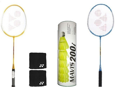 

Yonex Combo Of Five - Two 'GR 303' Badminton racket, one pair of Wrist Bands and One Box 'Mavis 200i ' shuttle Cock,(1/2 dozen) Badminton Kit