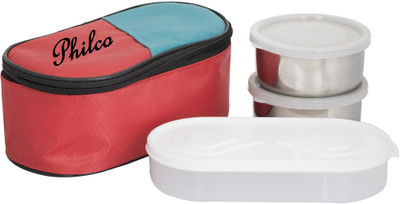 

Philco 3 in 1 Red Lunchbox-2 Steel Container:1 Plastic Chapati tray 2 Containers Lunch Box(750 ml), Multicolor