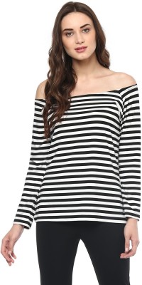 PANNKH Casual Full Sleeve Striped Women White, Black Top