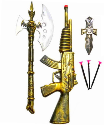 

VShine Warrior Play Set - Lord Parshuram's Pharsa A.K.A Axe , Toy Gun with suction cup Bullets and Dagger - Fancy Dress Kids Cosplay(Gold)