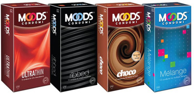 Moods Ultrathin, Ribbed, Choco and Melange Condom(Set of 4, 48S)