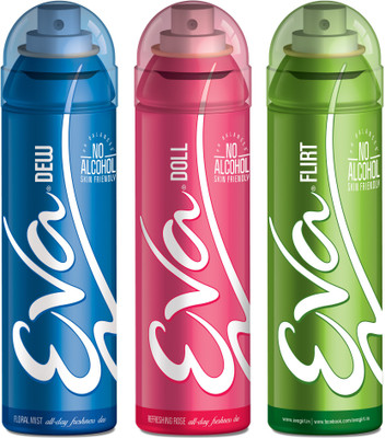 

EVA Deodorant Spray, Doll, Flirt & Bounce ,125ml - Combo 3 Deodorant Spray - For Women(125 ml, Pack of 3)